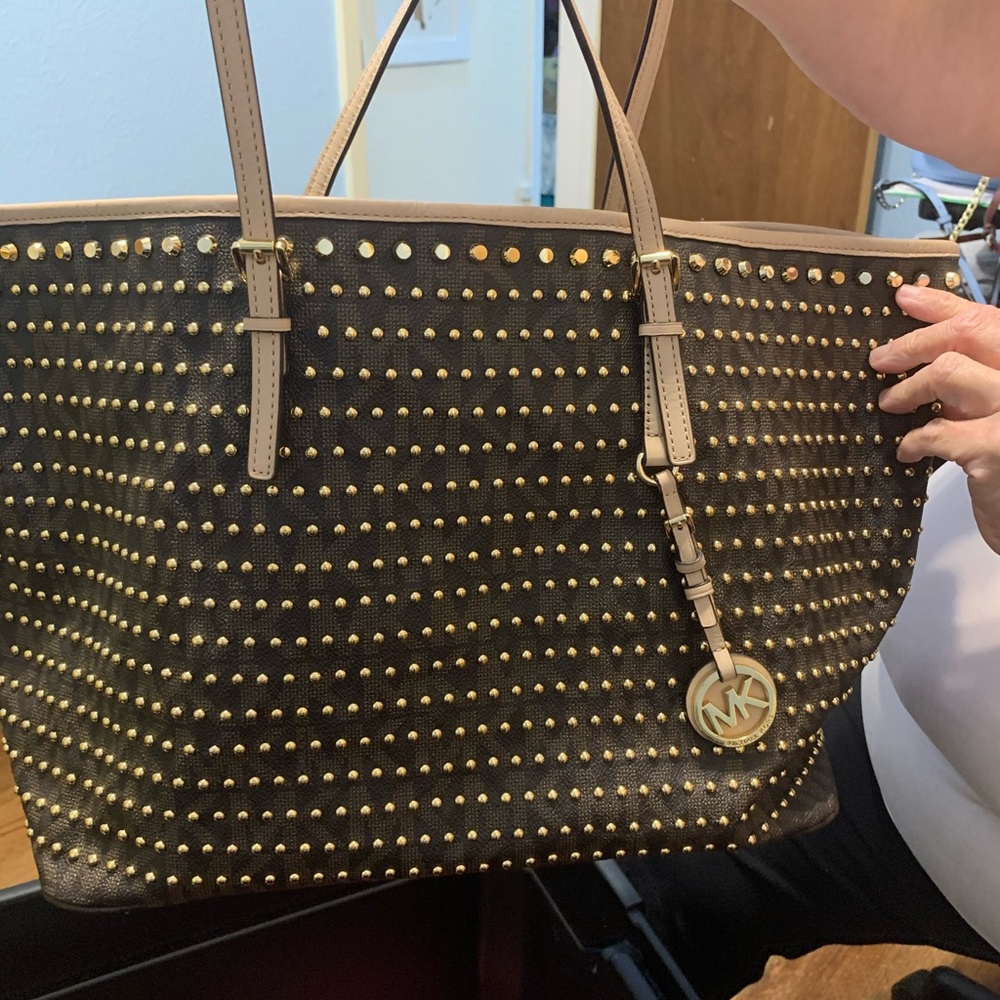 Michael Kors studded brown logo tote